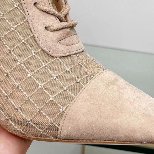 NAUGHTILY-D HEELED ANKLE BOOT IN BISQUE BEIGE EMBROIDERED MESH AND SUEDE 8 CM
