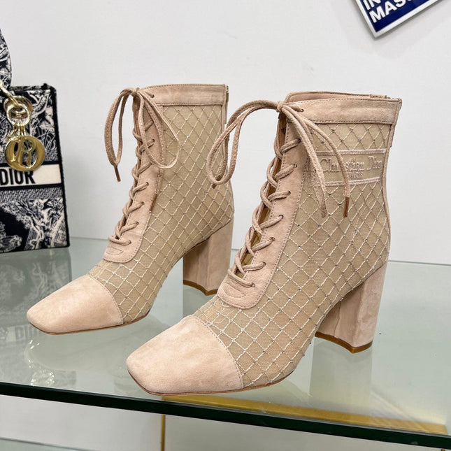 NAUGHTILY-D HEELED ANKLE BOOT IN BISQUE BEIGE EMBROIDERED MESH AND SUEDE 8 CM