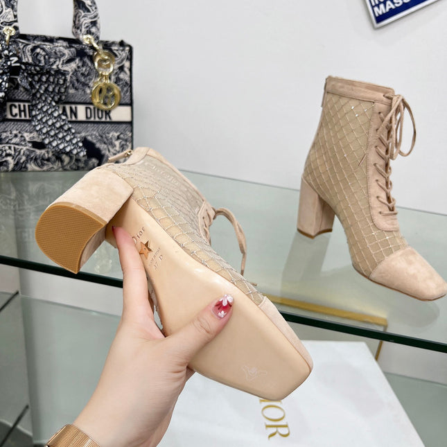 NAUGHTILY-D HEELED ANKLE BOOT IN BISQUE BEIGE EMBROIDERED MESH AND SUEDE 8 CM
