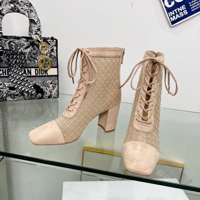 NAUGHTILY-D HEELED ANKLE BOOT IN BISQUE BEIGE EMBROIDERED MESH AND SUEDE 8 CM