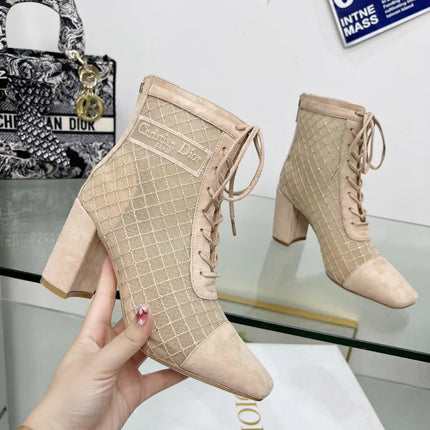 NAUGHTILY-D HEELED ANKLE BOOT IN BISQUE BEIGE EMBROIDERED MESH AND SUEDE 8 CM