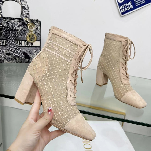 NAUGHTILY-D HEELED ANKLE BOOT IN BISQUE BEIGE EMBROIDERED MESH AND SUEDE 8 CM