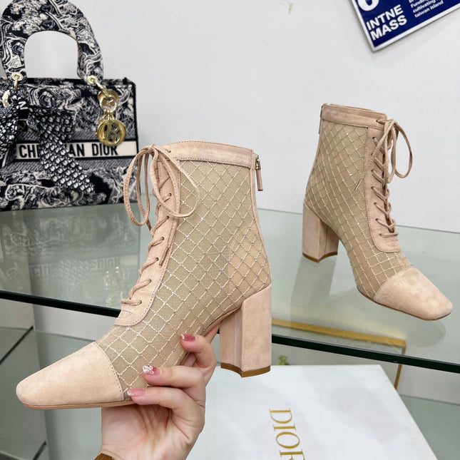 NAUGHTILY-D HEELED ANKLE BOOT IN BISQUE BEIGE EMBROIDERED MESH AND SUEDE 8 CM
