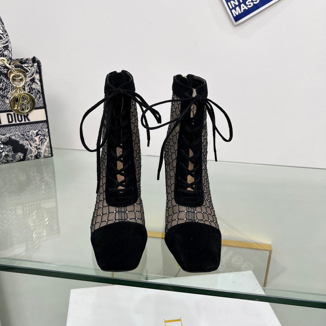 NAUGHTILY-D HEELED ANKLE BOOT IN BLACK EMBROIDERED MESH AND SUEDE 8 CM