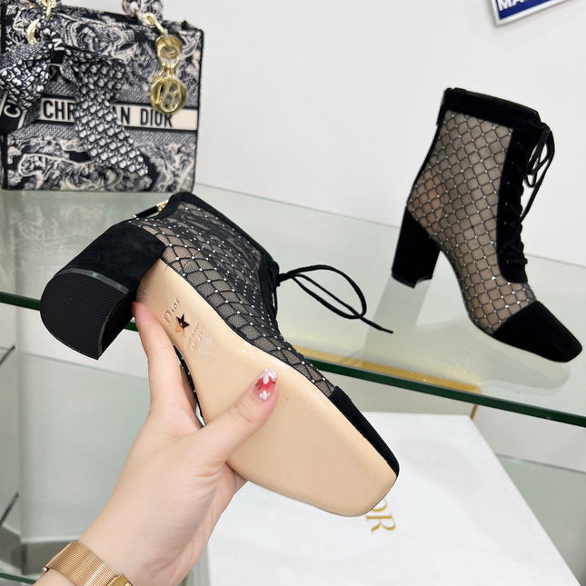 NAUGHTILY-D HEELED ANKLE BOOT IN BLACK EMBROIDERED MESH AND SUEDE 8 CM