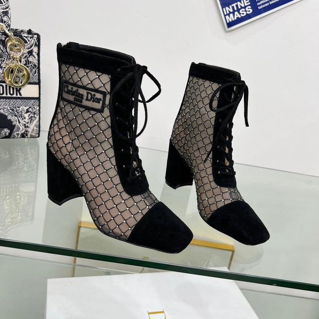 NAUGHTILY-D HEELED ANKLE BOOT IN BLACK EMBROIDERED MESH AND SUEDE 8 CM