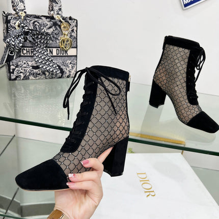 NAUGHTILY-D HEELED ANKLE BOOT IN BLACK EMBROIDERED MESH AND SUEDE 8 CM