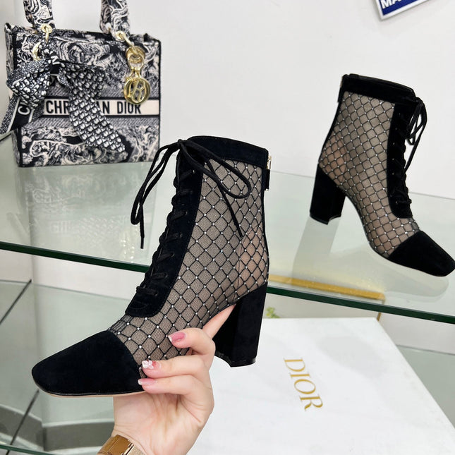 NAUGHTILY-D HEELED ANKLE BOOT IN BLACK EMBROIDERED MESH AND SUEDE 8 CM