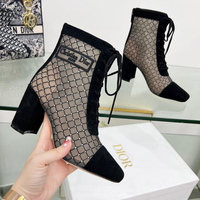 NAUGHTILY-D HEELED ANKLE BOOT IN BLACK EMBROIDERED MESH AND SUEDE 8 CM