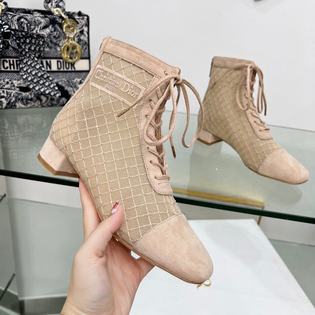 NAUGHTILY-D HEELED ANKLE BOOT IN BISQUE BEIGE EMBROIDERED MESH AND SUEDE 35 MM