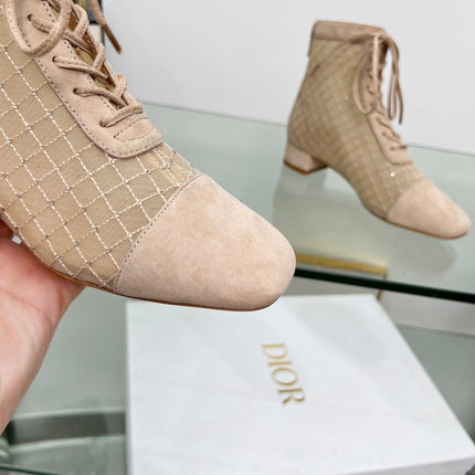 NAUGHTILY-D HEELED ANKLE BOOT IN BISQUE BEIGE EMBROIDERED MESH AND SUEDE 35 MM