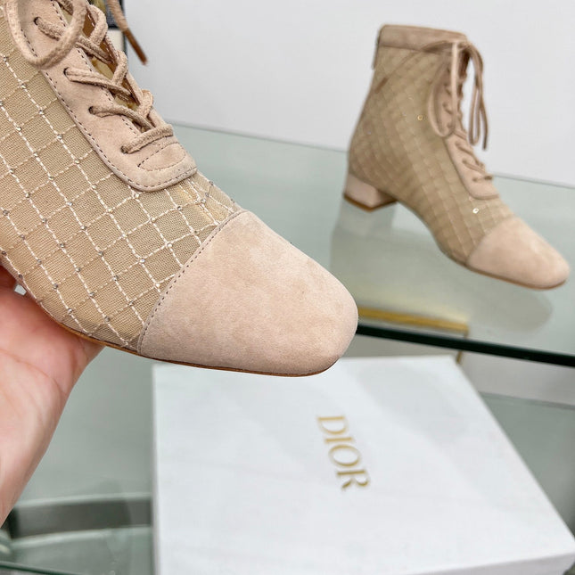 NAUGHTILY-D HEELED ANKLE BOOT IN BISQUE BEIGE EMBROIDERED MESH AND SUEDE 35 MM