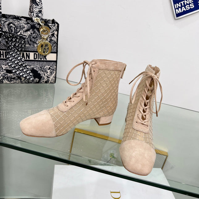 NAUGHTILY-D HEELED ANKLE BOOT IN BISQUE BEIGE EMBROIDERED MESH AND SUEDE 35 MM