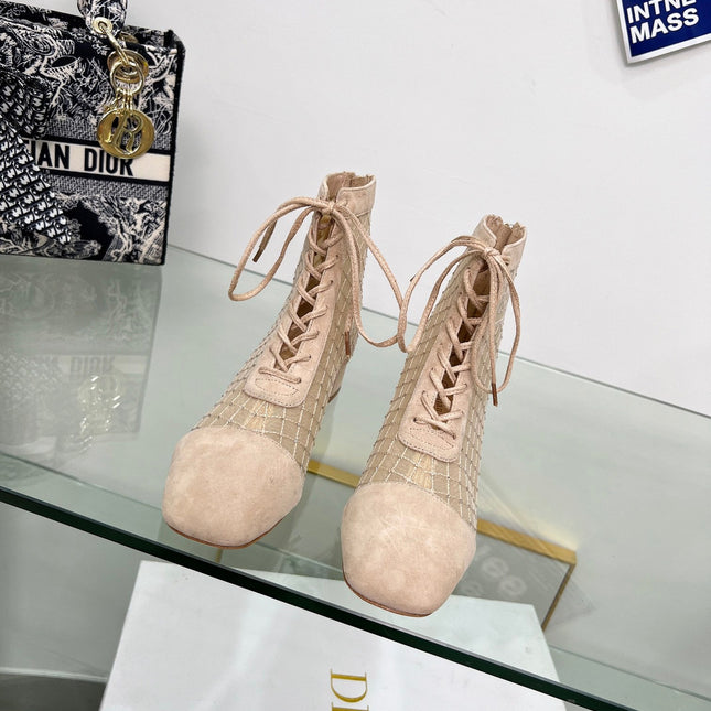NAUGHTILY-D HEELED ANKLE BOOT IN BISQUE BEIGE EMBROIDERED MESH AND SUEDE 35 MM