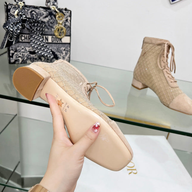NAUGHTILY-D HEELED ANKLE BOOT IN BISQUE BEIGE EMBROIDERED MESH AND SUEDE 35 MM