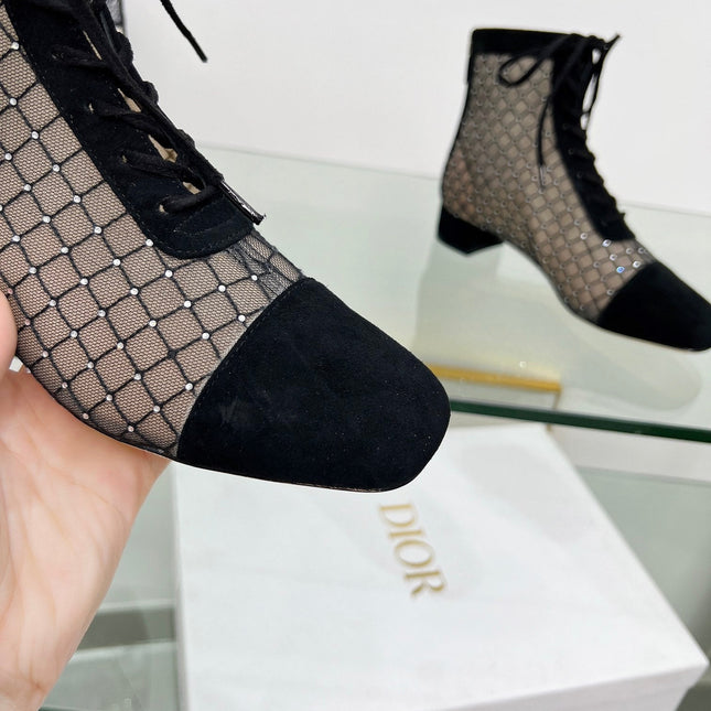 NAUGHTILY-D HEELED ANKLE BOOT IN BLACK EMBROIDERED MESH AND SUEDE 35 MM