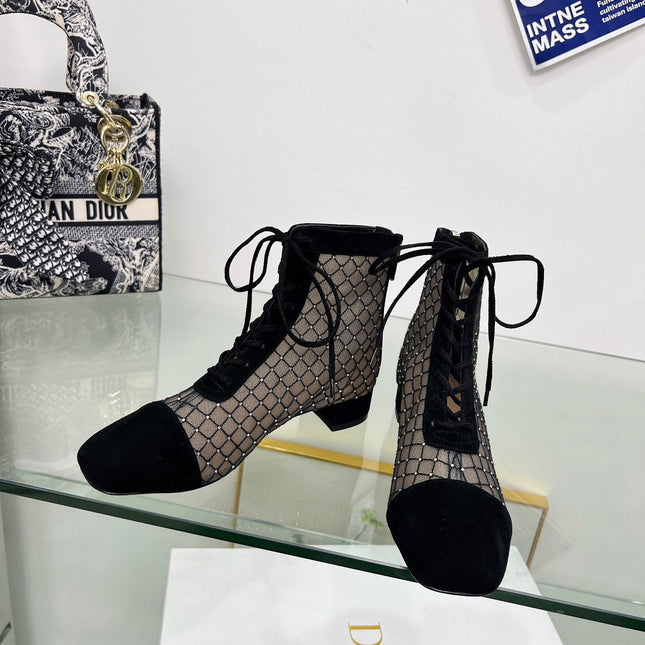 NAUGHTILY-D HEELED ANKLE BOOT IN BLACK EMBROIDERED MESH AND SUEDE 35 MM