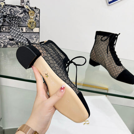 NAUGHTILY-D HEELED ANKLE BOOT IN BLACK EMBROIDERED MESH AND SUEDE 35 MM