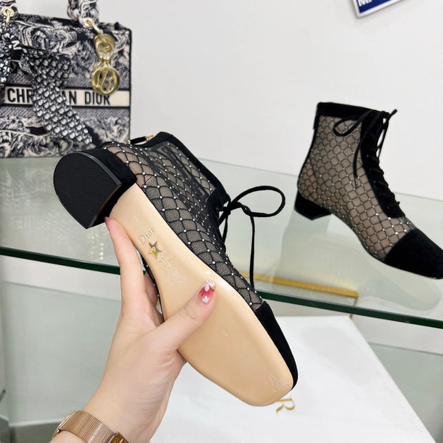 NAUGHTILY-D HEELED ANKLE BOOT IN BLACK EMBROIDERED MESH AND SUEDE 35 MM