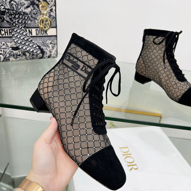 NAUGHTILY-D HEELED ANKLE BOOT IN BLACK EMBROIDERED MESH AND SUEDE 35 MM