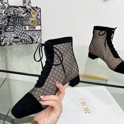 NAUGHTILY-D HEELED ANKLE BOOT IN BLACK EMBROIDERED MESH AND SUEDE 35 MM