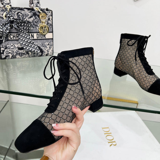 NAUGHTILY-D HEELED ANKLE BOOT IN BLACK EMBROIDERED MESH AND SUEDE 35 MM