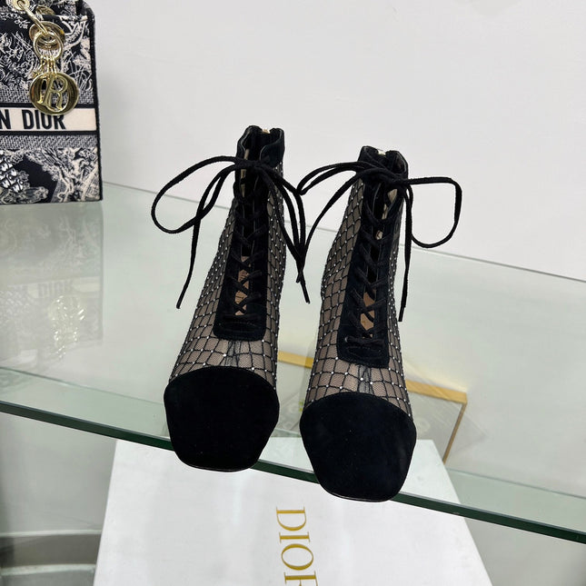 NAUGHTILY-D HEELED ANKLE BOOT IN BLACK EMBROIDERED MESH AND SUEDE 35 MM