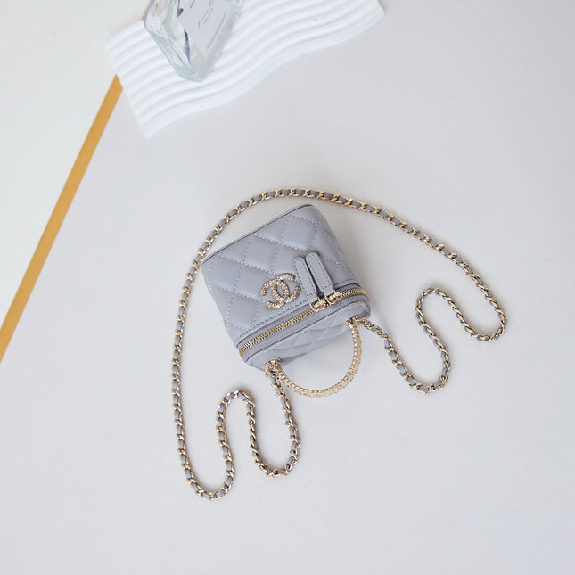 CHANEL 25S MINI VANITY BAG 11 CM IN GREY LAMBSKIN WITH CRYSTAL-EMBELLISHED CC LOGO