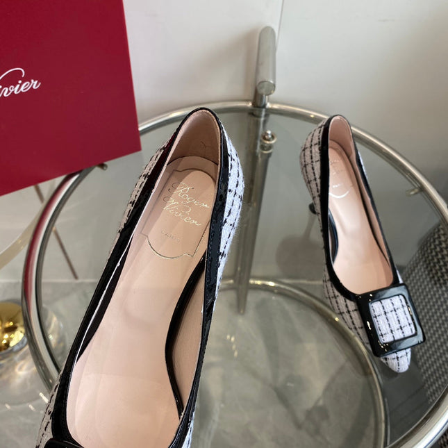 EFFLORESCENCE BALLERINAS PUMPS IN WHITE TWEED WITH FINE BLACK STRIPES EMBELLISHED CRYSTALS