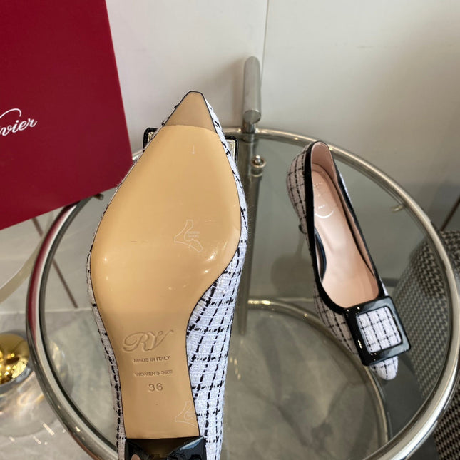 EFFLORESCENCE BALLERINAS PUMPS IN WHITE TWEED WITH FINE BLACK STRIPES EMBELLISHED CRYSTALS