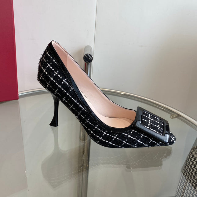 EFFLORESCENCE BALLERINAS PUMPS IN BLACK TWEED WITH FINE WHITE STRIPES EMBELLISHED CRYSTALS