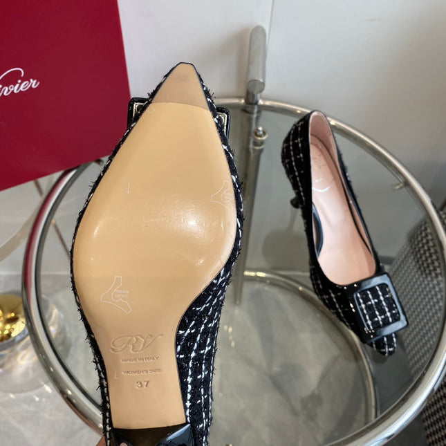 EFFLORESCENCE BALLERINAS PUMPS IN BLACK TWEED WITH FINE WHITE STRIPES EMBELLISHED CRYSTALS