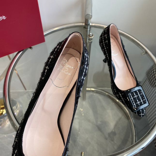 EFFLORESCENCE BALLERINAS PUMPS IN BLACK TWEED WITH FINE WHITE STRIPES EMBELLISHED CRYSTALS