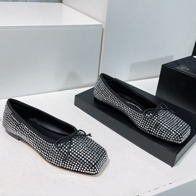 EMBELLISHED BILLIE FLATS IN BLACK MIX WHITE CRYSTAL SATIN