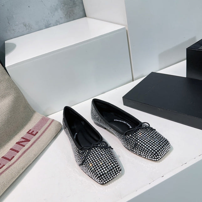 EMBELLISHED BILLIE FLATS IN BLACK MIX WHITE CRYSTAL SATIN