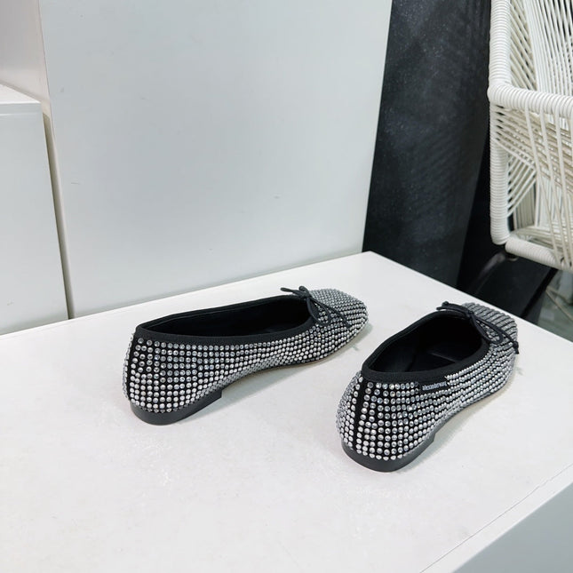 EMBELLISHED BILLIE FLATS IN BLACK MIX WHITE CRYSTAL SATIN