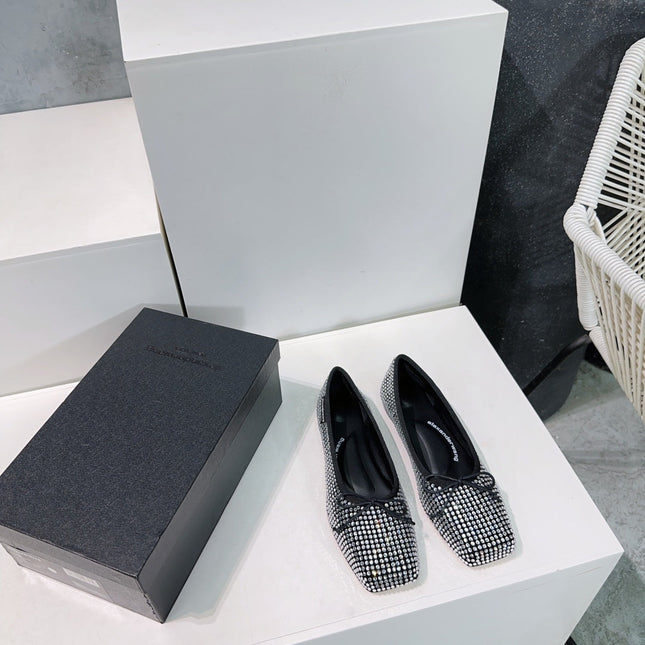 EMBELLISHED BILLIE FLATS IN BLACK MIX WHITE CRYSTAL SATIN