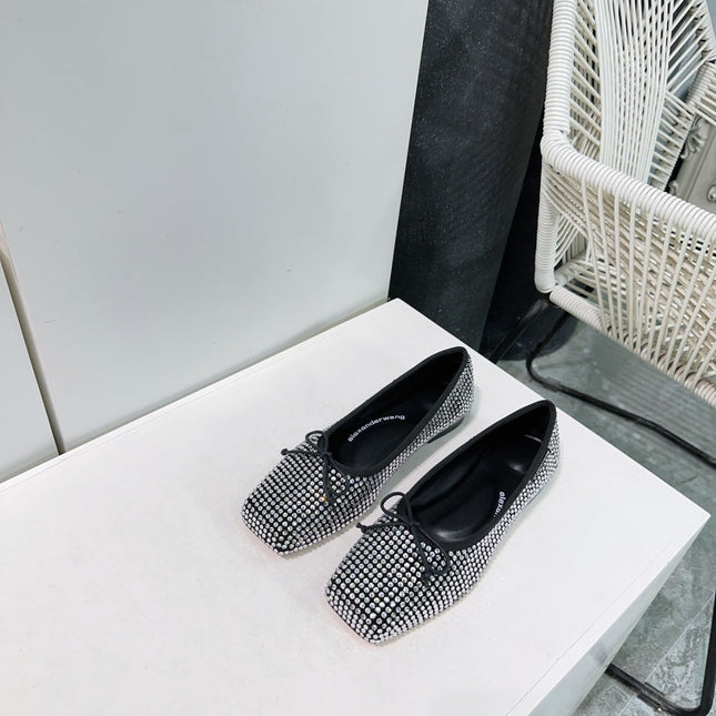 EMBELLISHED BILLIE FLATS IN BLACK MIX WHITE CRYSTAL SATIN