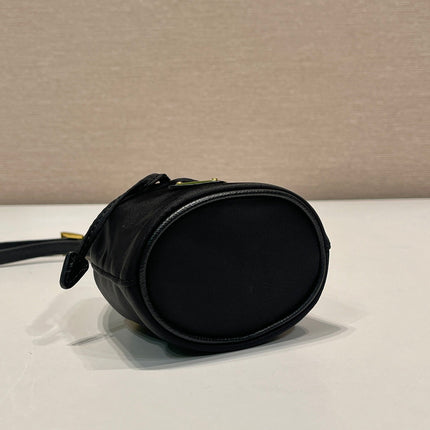 MINI BUCKET BAG 10 IN BLACK RE-NYLON AND SAFFIANO LEATHER STRAP