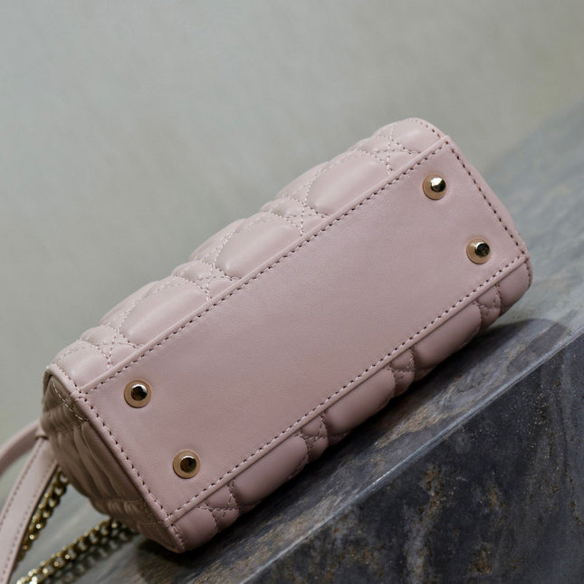 MINI LADY BAG 17 IN BABY PINK QUILTED MACROCANNAGE CALFSKIN SWAMP YELLOW STRAP