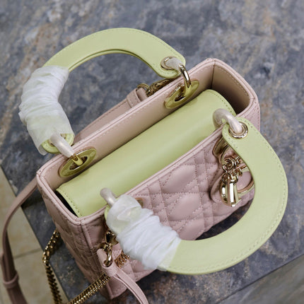 MINI LADY BAG 17 IN BABY PINK QUILTED MACROCANNAGE CALFSKIN SWAMP YELLOW STRAP
