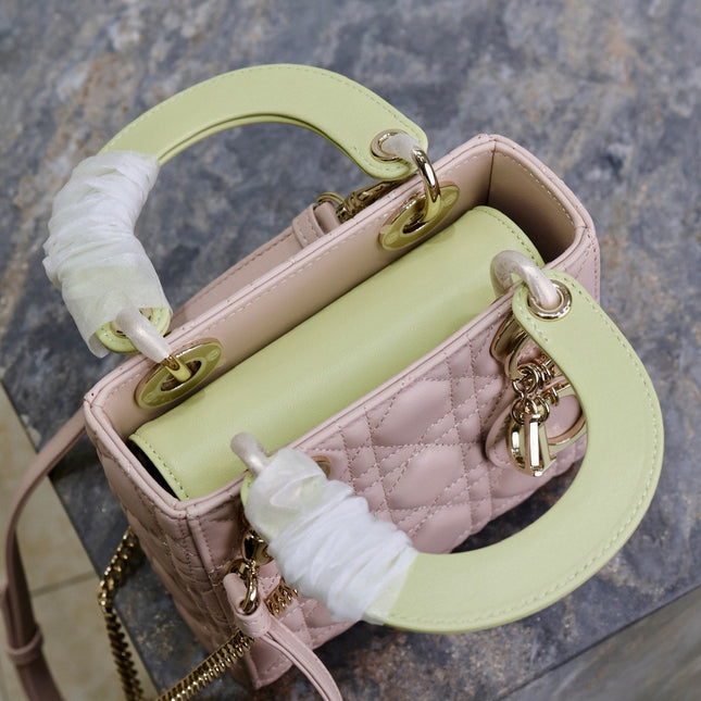 MINI LADY BAG 17 IN BABY PINK QUILTED MACROCANNAGE CALFSKIN SWAMP YELLOW STRAP