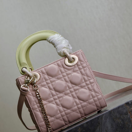 MINI LADY BAG 17 IN BABY PINK QUILTED MACROCANNAGE CALFSKIN SWAMP YELLOW STRAP