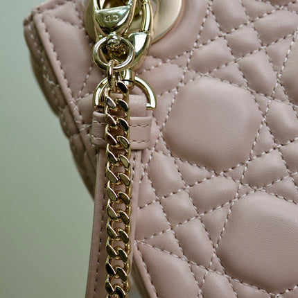 MINI LADY BAG 17 IN BABY PINK QUILTED MACROCANNAGE CALFSKIN SWAMP YELLOW STRAP