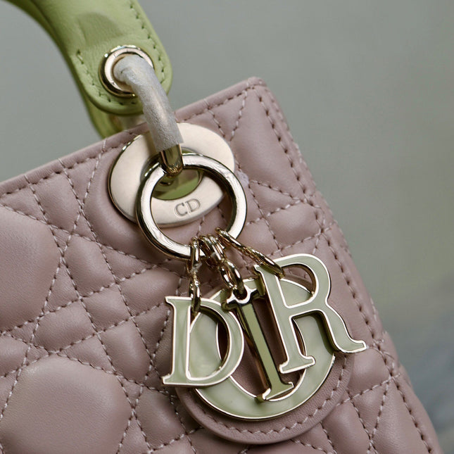 MINI LADY BAG 17 IN BABY PINK QUILTED MACROCANNAGE CALFSKIN SWAMP YELLOW STRAP