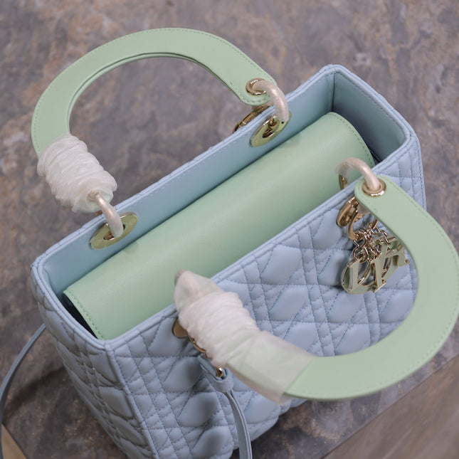 LADY BAG 24 IN BABY BLUE QUILTED MACROCANNAGE CALFSKIN GREEN STRAP