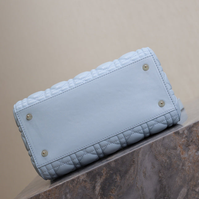 LADY BAG 24 IN BABY BLUE QUILTED MACROCANNAGE CALFSKIN GREEN STRAP