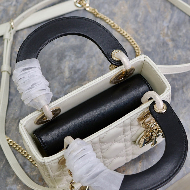 MINI LADY BAG 17 IN WHITE QUILTED MACROCANNAGE CALFSKIN BLACK STRAP