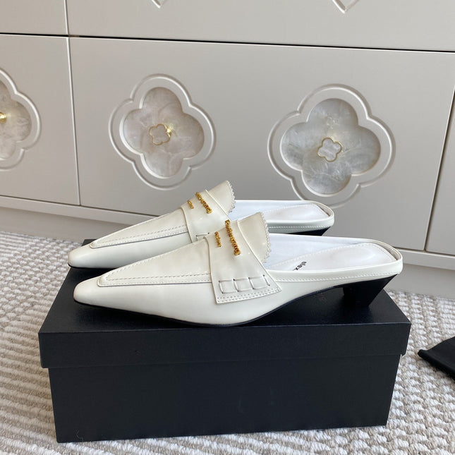 SQUARE-TOE MULES IN WHITE CALFSKIN
