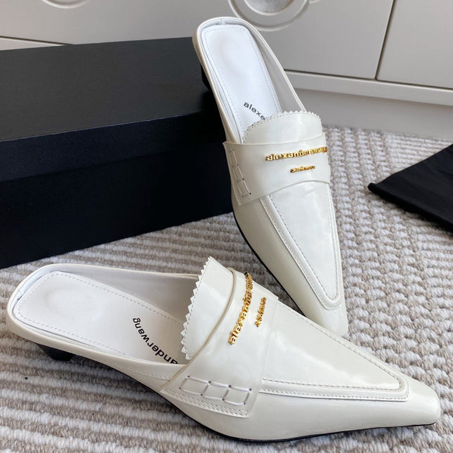 SQUARE-TOE MULES IN WHITE CALFSKIN